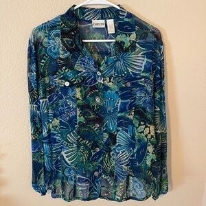 Chico's Vibrant Blue and Green Silk Blouse With Metallic Thread/Sequins Size 2